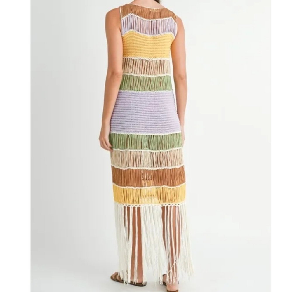 NWT Mable Crochet Knit Multicolor Striped Fringe Maxi Dress L - Picture 5 of 8